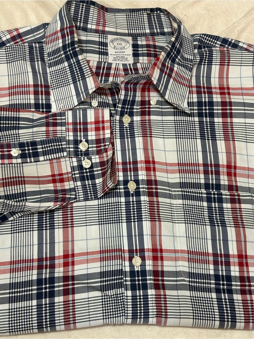 Brooks Brothers Regent Non Iron Shirt XXL Red Navy Plaid Supima Cotton Mens